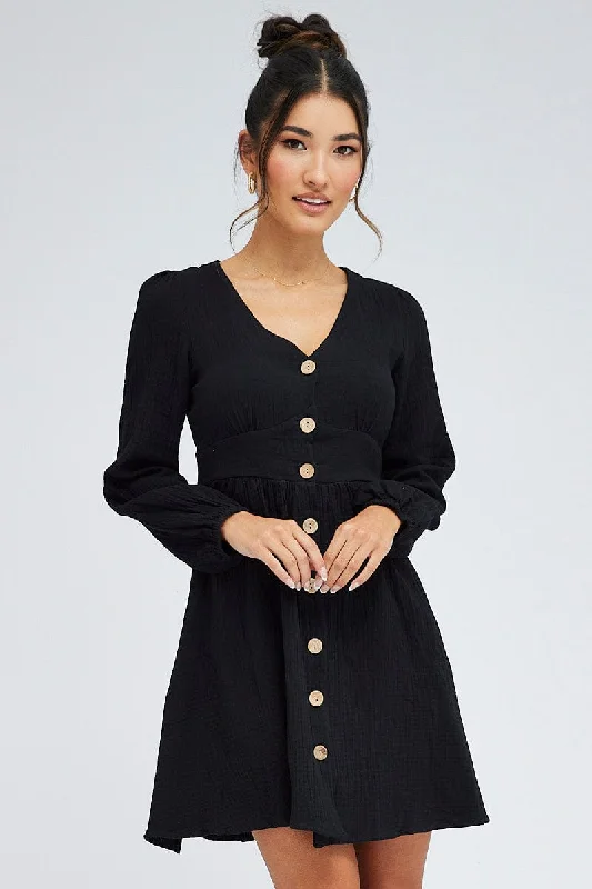 Black Long Sleeve Button Front Dress