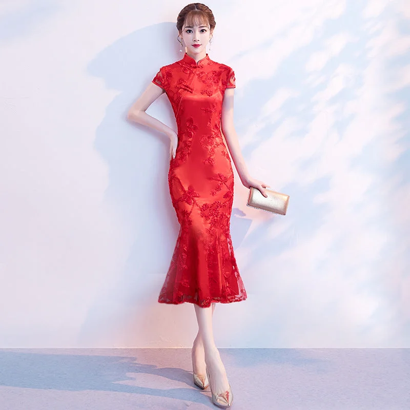 Cap Sleeve Tea Length Floral Lace Mermaid Evening Dress