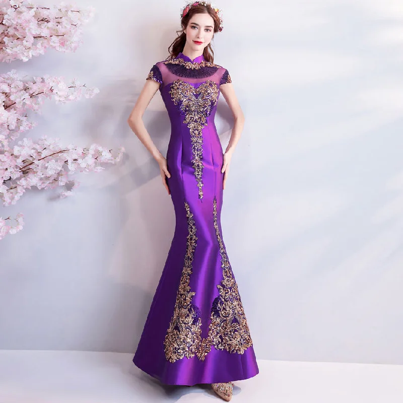 Floral Sequins Cheongsam Top Full Length Mermaid Evening Dress