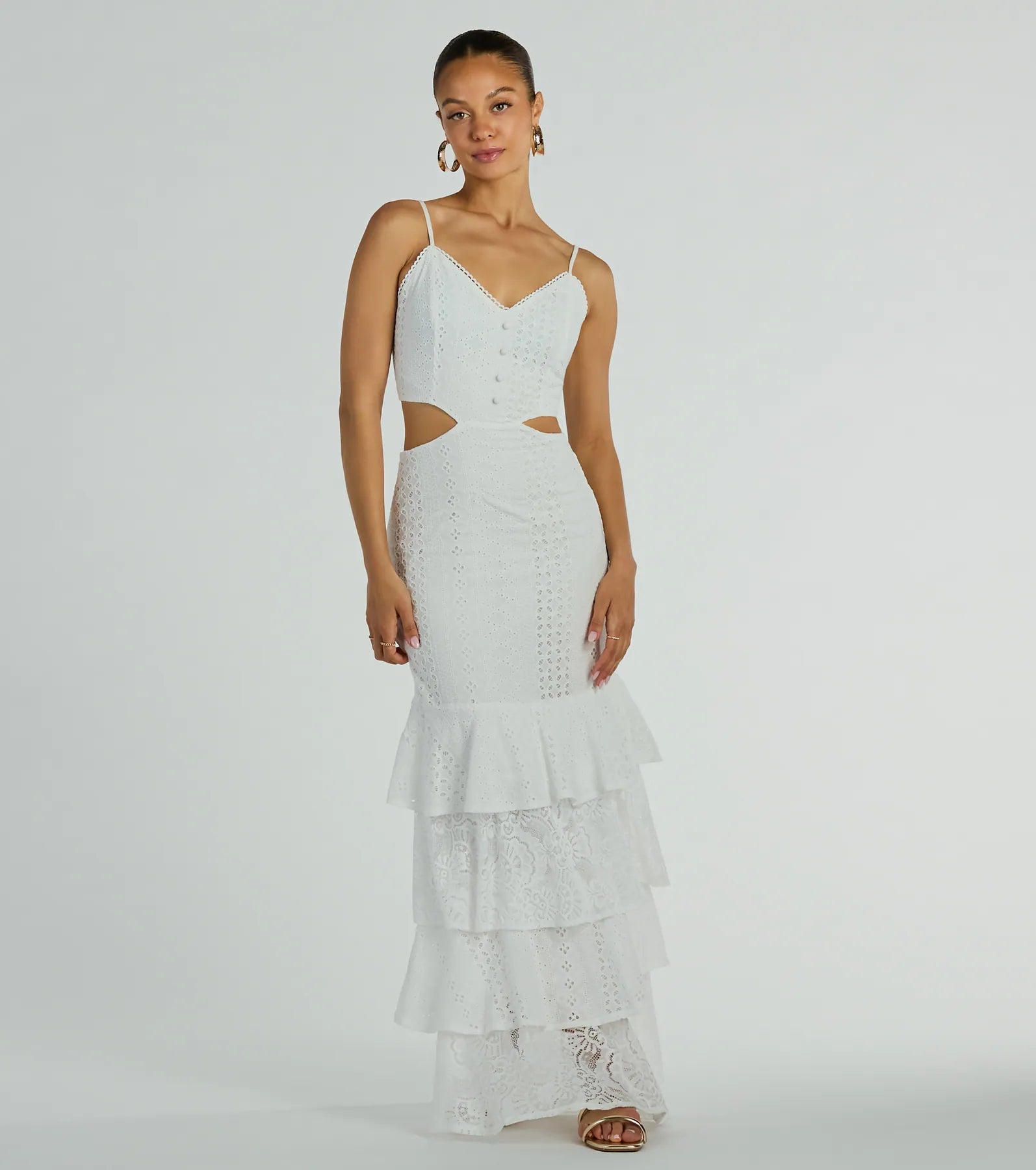 Free Flowing Cutie V-Neck Ruffle Eyelet Maxi Dress