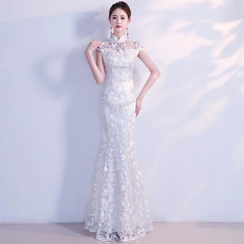 Mandarin Collar Cap Sleeve Floral Embroidery Cheongsam Top Evening Dress