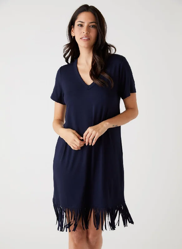 NAVY V-NECK FRINGE DRESS