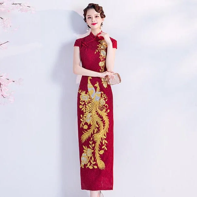 Phoenix & Floral Embroidery Traditional Cheongsam Evening Dress