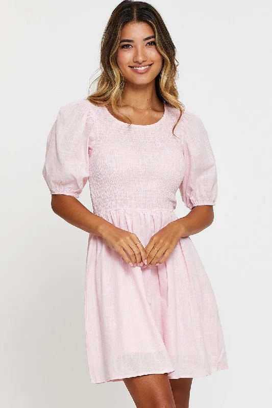 Pink Fit And Flare Dress Short Sleeve Round Neck