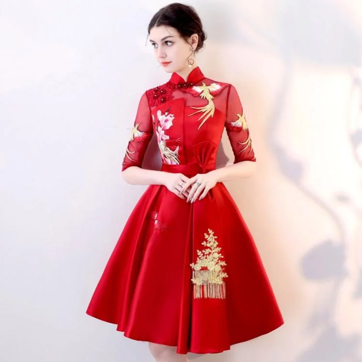 Pleated Skirt Short Chinese Wedding Party Dress with Phoenix Appliques