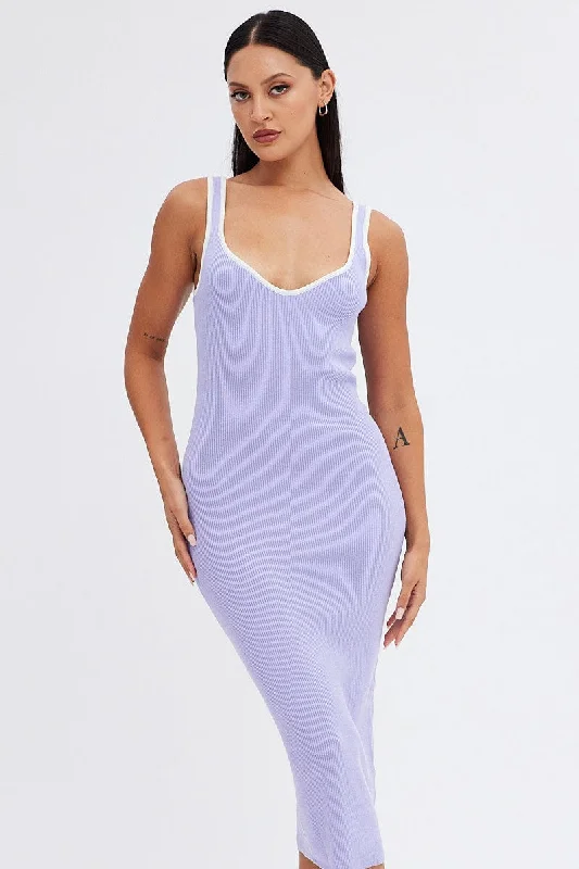 Purple Knit Dress Sleeveless Sweatheart Midi