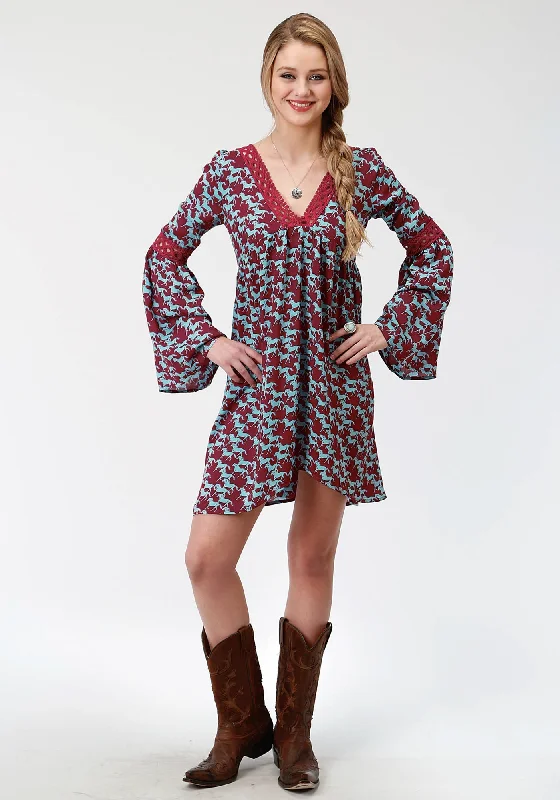 Roper Womens Red Rayon/Nylon Stampede Print L/S Dress L