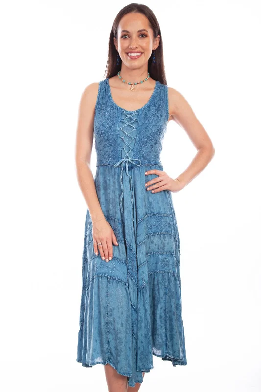 Scully Womens Light Denim Rayon Full Length Lace S/L Dress