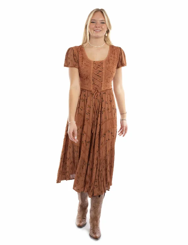 Scully Womens Soutache Rose Print Rust 100% Rayon Cap Sleeve Dress