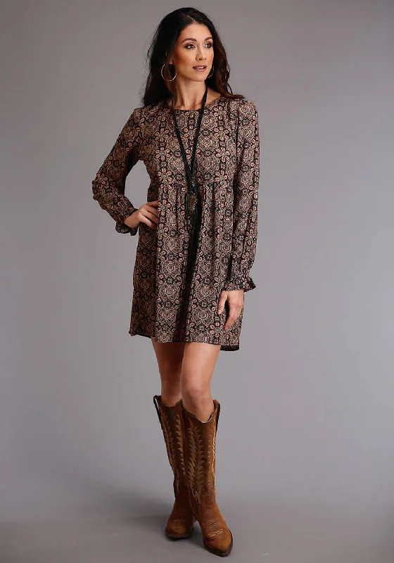 Stetson Womens Brown Rayon/Nylon Paisley Print L/S Dress