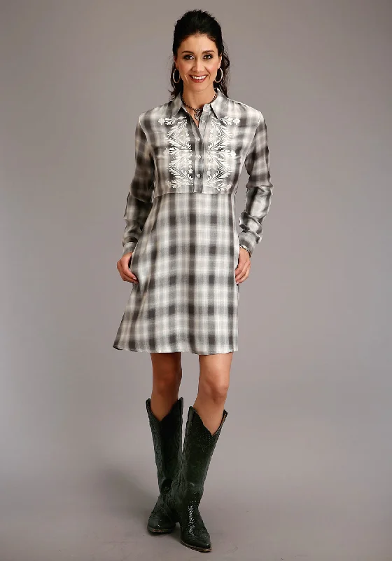 Stetson Womens Smokey Grey Rayon/Nylon Ombre Plaid L/S Dress M