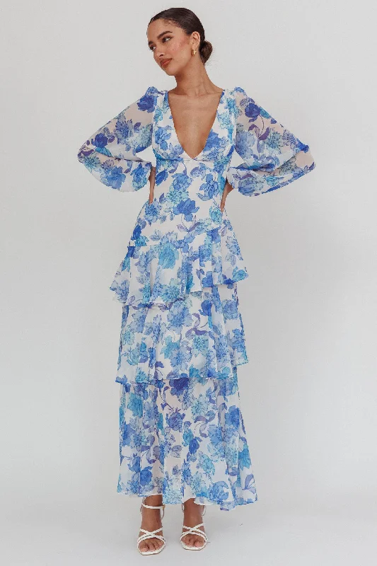 Veda Long Sleeve Floral Tiered Ruffle Maxi Dress Blue