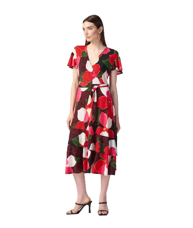 Floral Print Silky Knit Flowy Wrap Dress - Multi