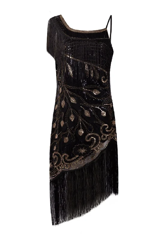 Black One Shoulder 1920s Dress with Fringes