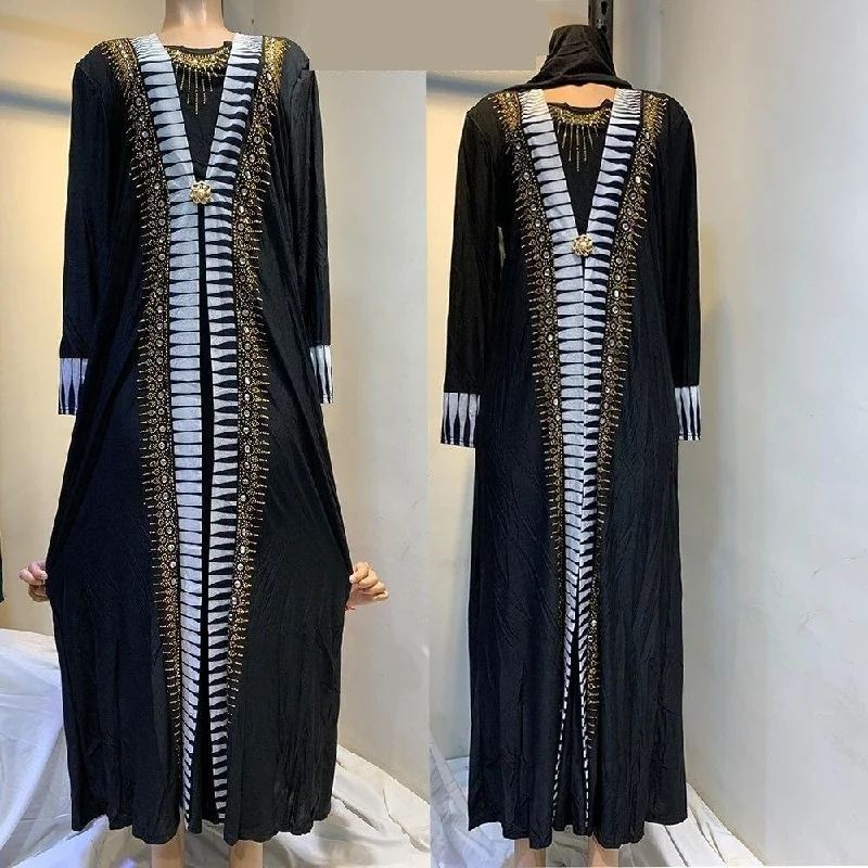 Dubai Muslim Islam Women's Black Knitted Loose Long Robe Abaya Dress