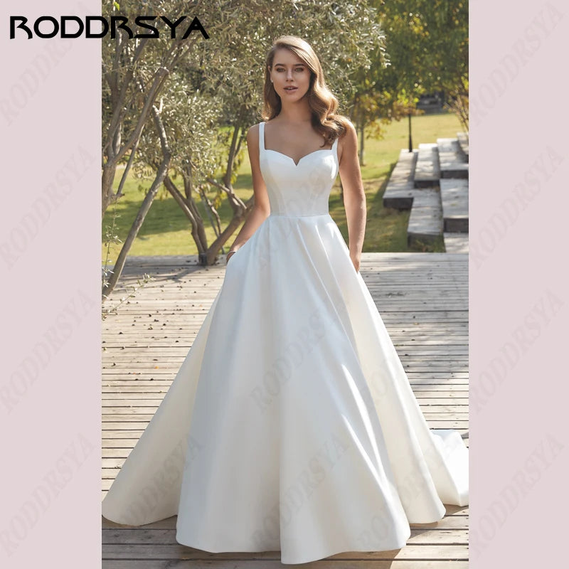 V-Neck Wedding Dresses Square Collar Satin Bridal Gowns A-line Backless