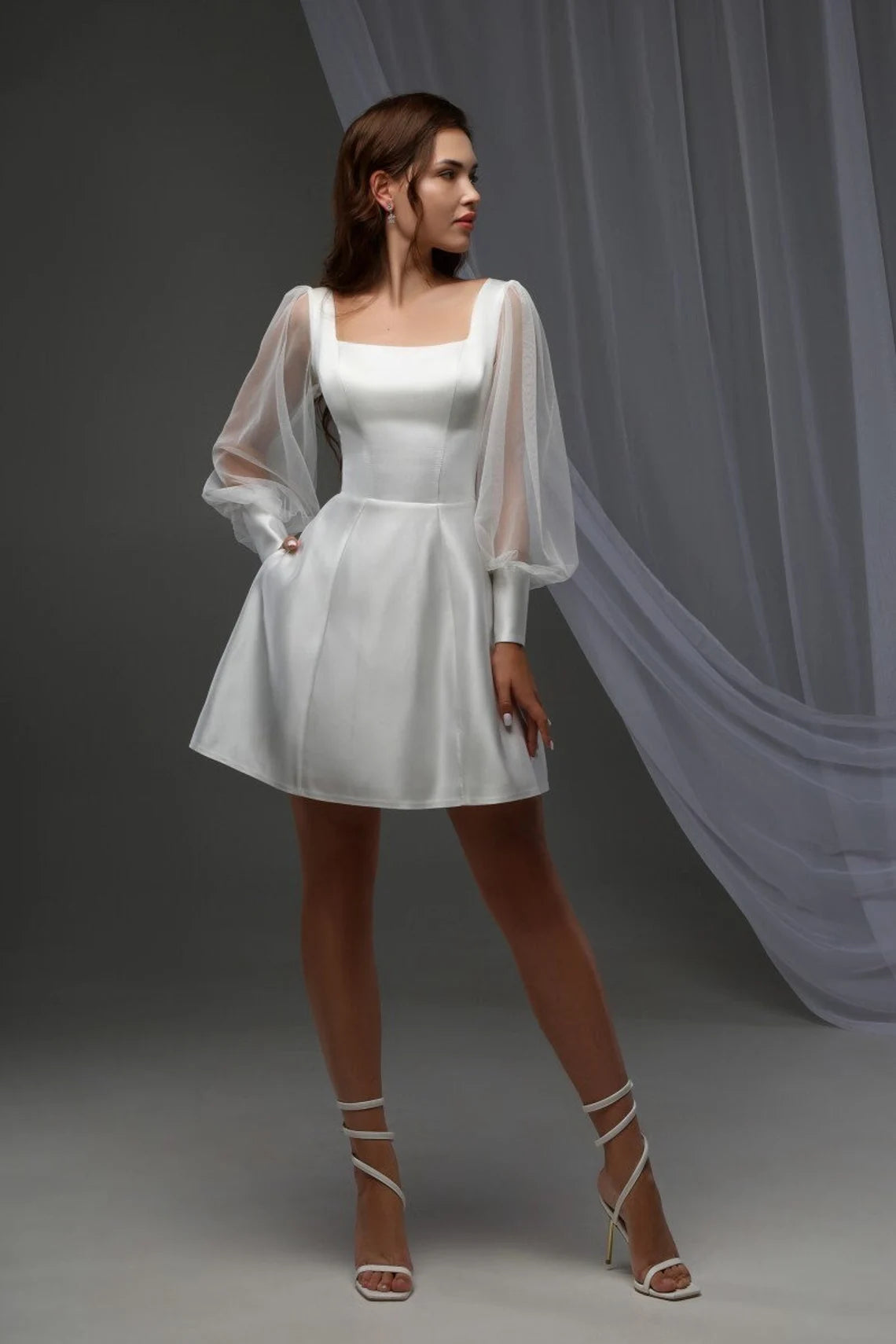 Square Neckline Bridal Mini Dress With Organza Long Sleeves