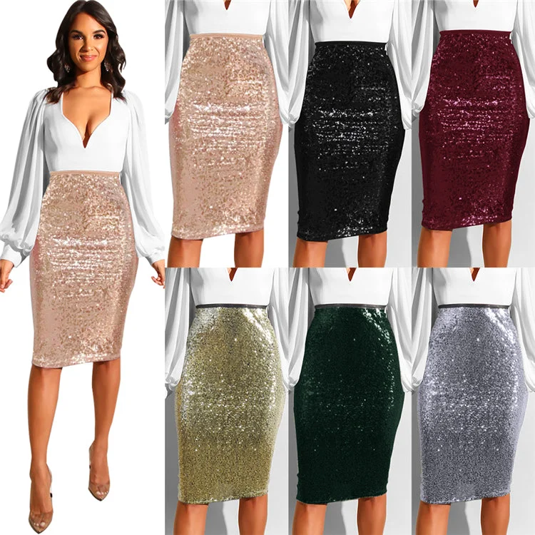 2019 Fashion Solid Color Sequin Skirt High Waist Sparkle Pencil Women Skirt