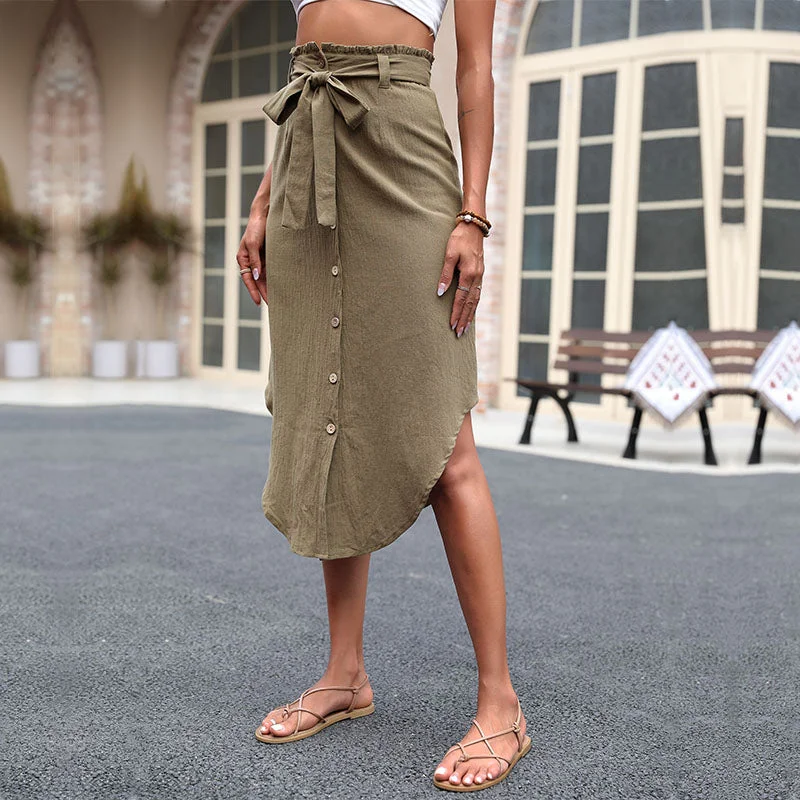 Dropshipping Linen Skirt Wrap Fashion Outfits Women Solid Color Cotton Linen Skirt With Belt